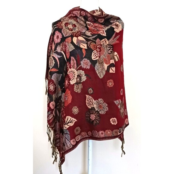 Woven Floral Tapestry Scarf /Wrap Burgundy/Black/Gold 28X68 Fringe Edge - Picture 1 of 6